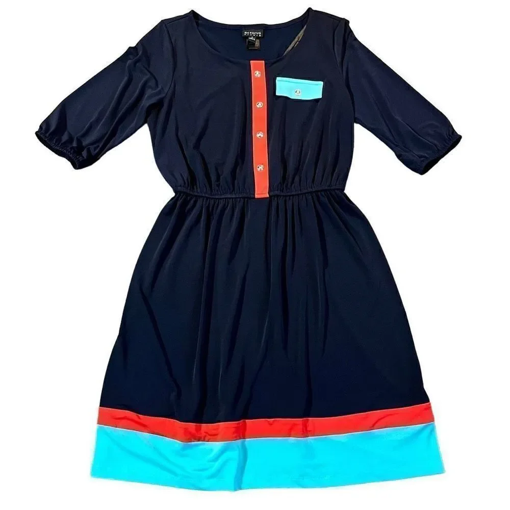En Focus Studios Navy Color Block Elastic Waist Dress 8